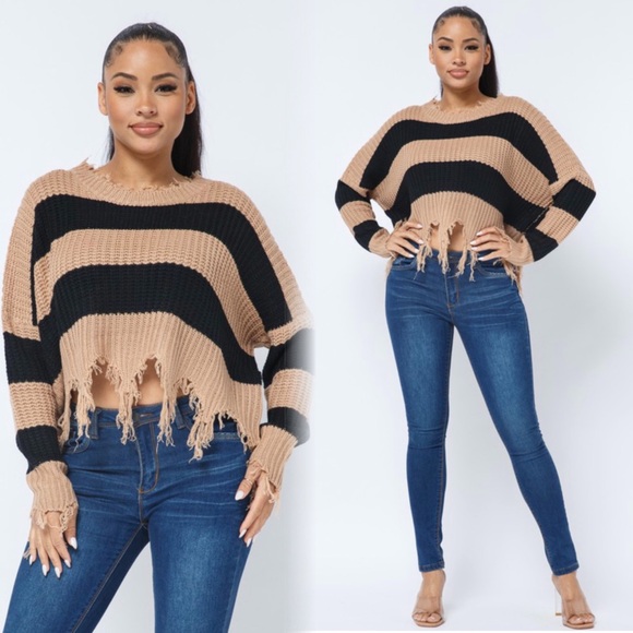 Striped distressed sweater in taupe and black - Picture 5 of 10